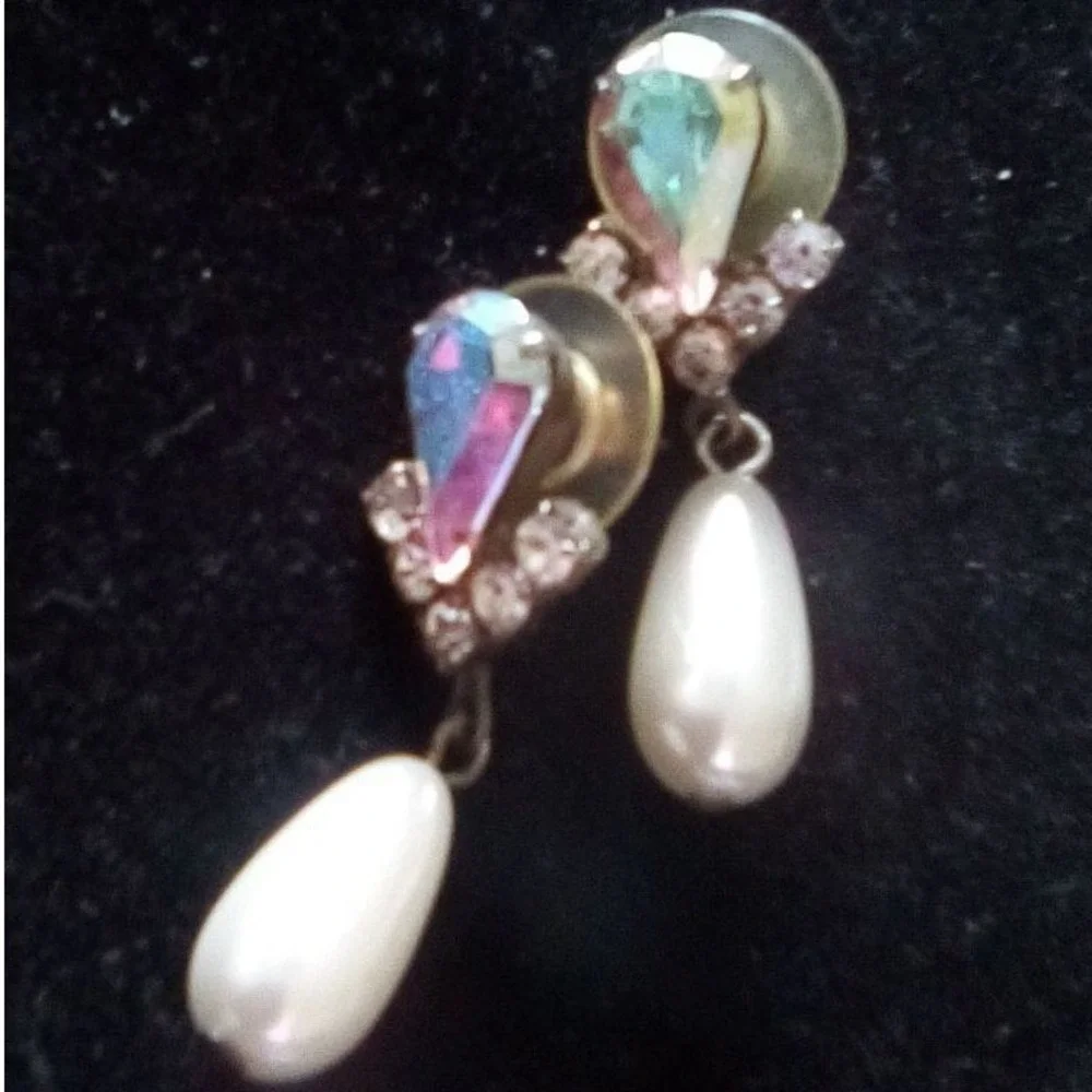 Lot of 3 Pairs Womens Earrings Silver Tone Hoops Faux Pearl Dangles Rhinestone